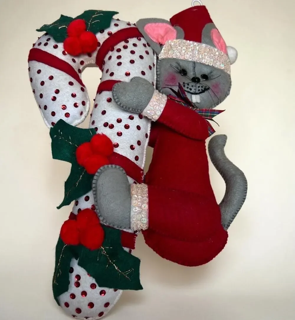 Handmade Felt Christmas Santa Mouse Riding Candy Cane Studded Decorations 16.5”